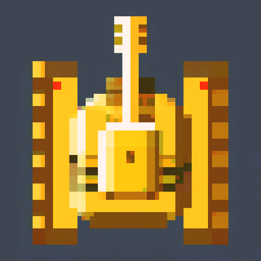 small tank, top-view, game sprite, 32x32 pixel art, sRGB, 2d game art, close up, yellow main color, double turret, longer cannons, tracks, tranparent background, game sprite, symmetry