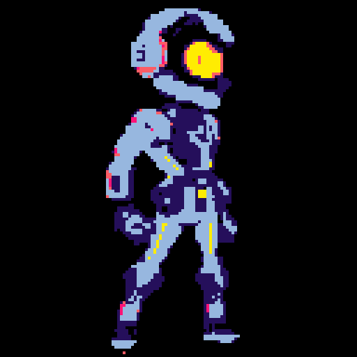 cyberpunk space trader sprite, pixel art, futuristic design, cybernetic arm with intricate detailing, glowing yellow-orange visor over the eyes, trench coat with glowing lines, blue and teal color palette with neon pink and yellow accents, distinct sci-fi aesthetic, confident posture, mid-step with arms extended