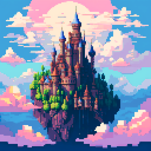 castle in the sky, majestic towers, floating in the clouds, vibrant colors, intricate details, magical atmosphere, whimsical architecture, pixelated charm, nostalgic vibes, ethereal beauty, dreamlike setting