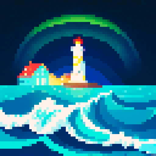 lighthouse, sea, aurora, vibrant colors, pixelated waves, glowing sky, geometric shapes, digital art, sRGB