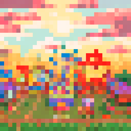 wide shot amusement park, vibrant colors, whimsical carousel, towering roller coaster, ferris wheel in motion, candy-colored stalls, pixel art style