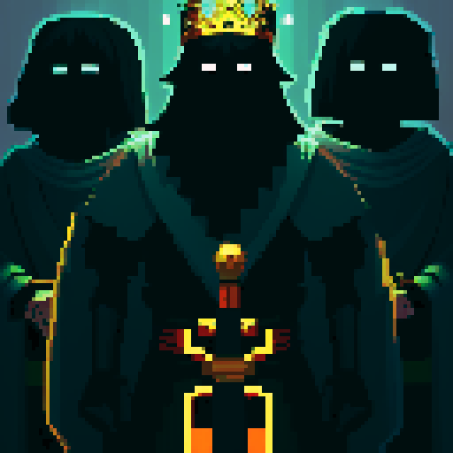 three men, king and his retinue, crown, light at the kind, dark place, king with sword, cant see eyes, eyes darken
