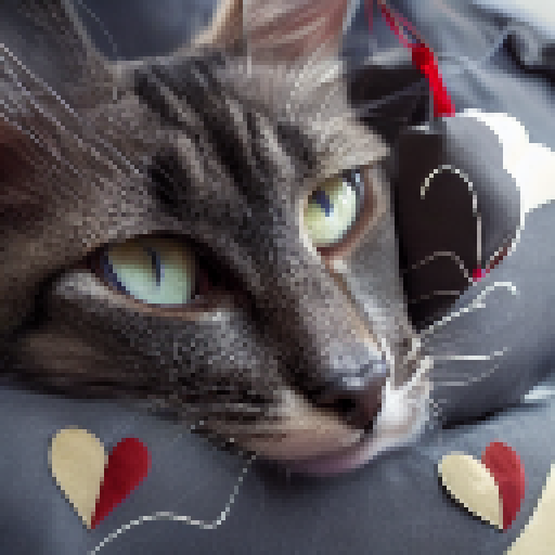 "Doe-eyed tuxedo cat perched on heart-shaped pillows, surrounded by floating love letters, framed by a bright red heart border with 'SHADOW' on the bottom, all in a Fantasy RPG style."