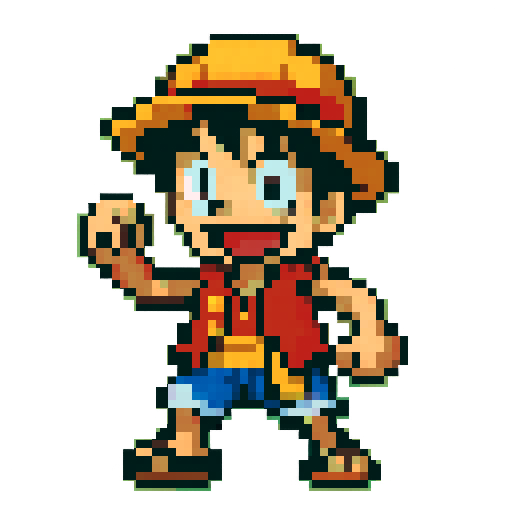 Luffy Pokemon Sprite, vibrant colors, playful expression, pixelated design, sRGB palette