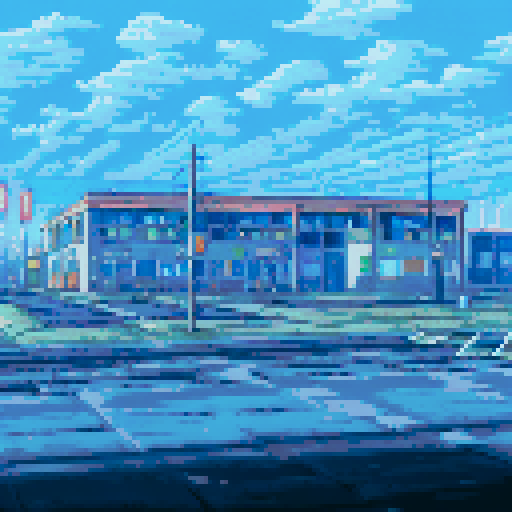 industrial, storefront, overcast sky at night, glowing streetlights, vacant lot, long shadows