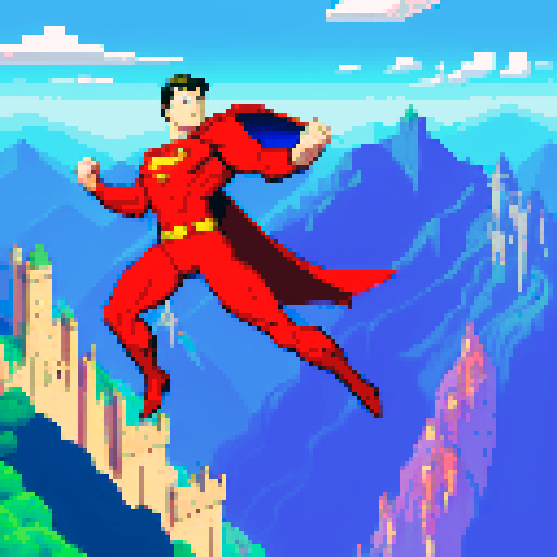 pixelated superman soaring through a vibrant, pixelated fantasy RPG world, with majestic mountains, towering castles, and mystical creatures