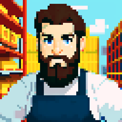 young, bearded male warehouse worker, Amazon Germany, pixel art