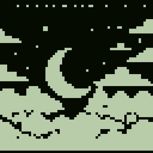 moon in cloudy night sky interesting dithering patterns and stars pixel art 2-bit
