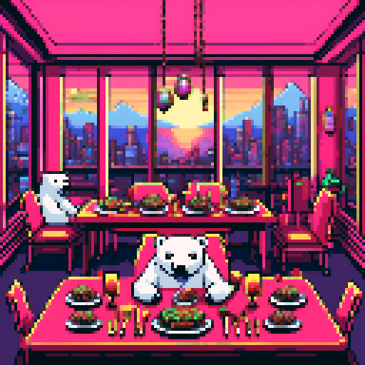"An 8-bit pixel art of polar bears gathered at a lavish dinner table, wearing gold chains, sunglasses, and hats. The table is piled with gourmet food, crypto coins, and glowing trading screens. The setting is a modern dining room with neon accents and a window overlooking a futuristic, crypto-themed cityscape."