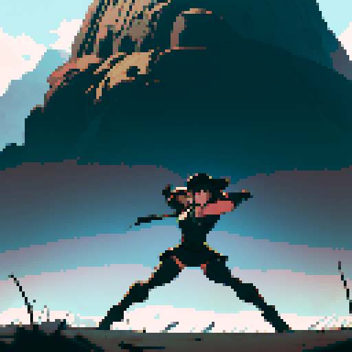 full-body image, muscle girl, female, thick biceps, big shoulders, big fists, muscular physique, thick waist, facing left, ready to fight, exaggerated proportions, black military uniform, black hat, military backdrop, sRGB, pixel art, army behind her, military behind her, army in background, army, soldiers, evil, dark, evil soldiers, black uniforms, destroyed town, battlefield