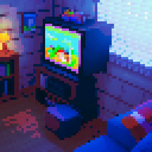 n64 game console in cozy room with the image of a cabin on the screen saying "start"