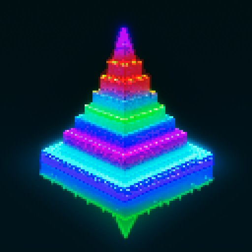technological Aztec Style Pyramid, shimmering in neon hues, surrounded by frozen waters reflecting the pixel art skyline