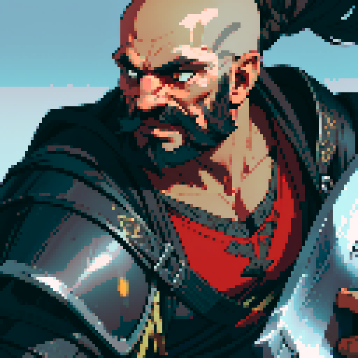 bald, black bearded dwarf warrior, wielding a great axe, clad in heavy armor, pixel art style, vibrant sRGB colors