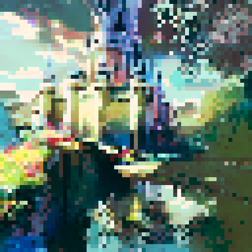 Majestic Disney castle nestled in lush greenery, framed by towering trees, with a shimmering moat and a bright blue sky in the background, rendered in a stunning landscape portrait style.