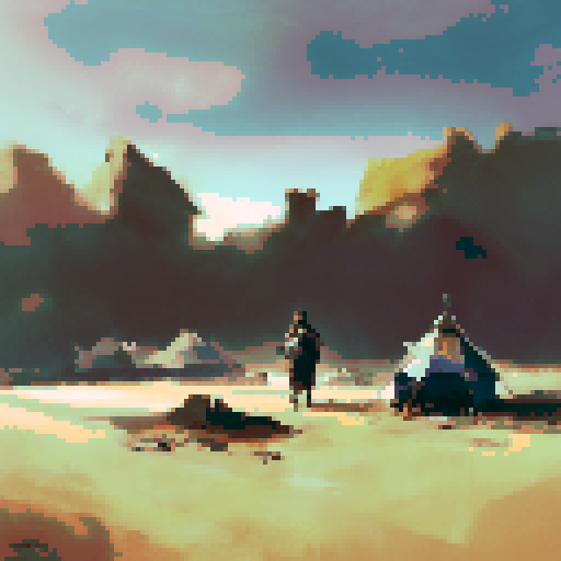 "Bedouin nomads gather outside their desert tent, surrounded by eerie World War I mist and rubble, with a landscape portrait style emphasizing the vastness of the sand dunes and solemnity of the scene."