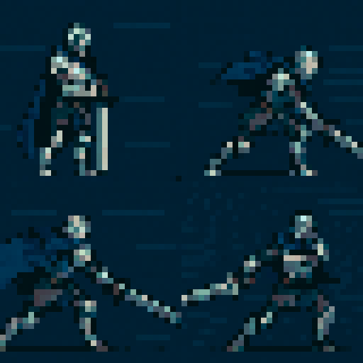 Knight in silver-gray armor, dark blue cape, large sword, 4 frames: Ready stance - standing sideways, sword handle in hands, sword tip touching ground vertically, Starting swing - body leaning forward, sword raised backwards and upwards, Powerful slash - body rotating 90 degrees, sword swiping horizontally, Ending pose - sRGB, pixel art, speed lines special effect