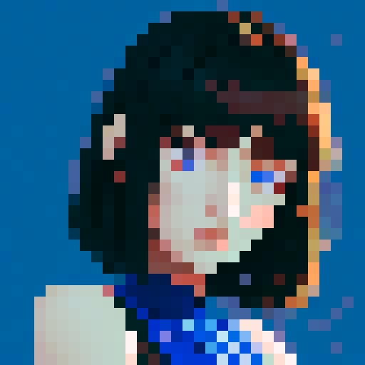 western style, portrait avatar, woman with shoulder length dark hair, looking at the camera, blue palette, close up