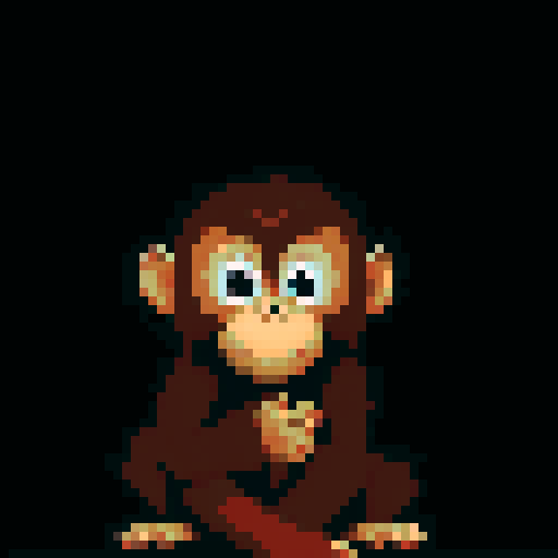 A little monkey made of wood, holding a branch, the little monkey's tail shaking from side to side, appears lively. Increase playfulness, tilt your head, and then stop tilting. white background