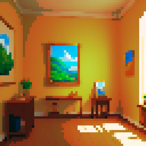 a warm and cozy art gallery with several paintings in view