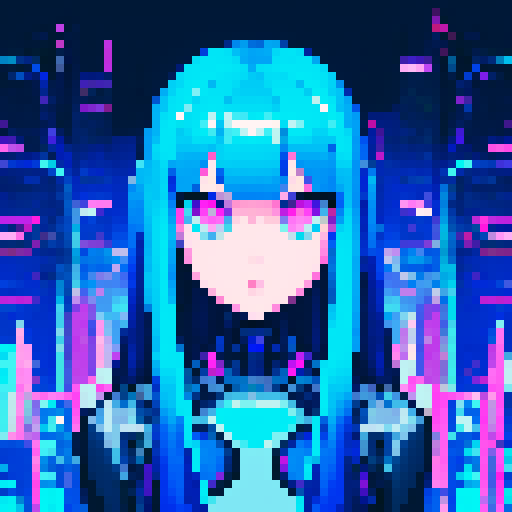 cute girl with big, expressive eyes, long blue hair, vibrant neon colors, pixel art aesthetic, futuristic cityscape filled with towering skyscrapers and holographic billboards, glowing neon signs reflecting off rain-soaked streets, characters wearing edgy, futuristic fashion, dramatic lighting casting long shadows, intricate circuitry and glowing cybernetic, landscape portrait