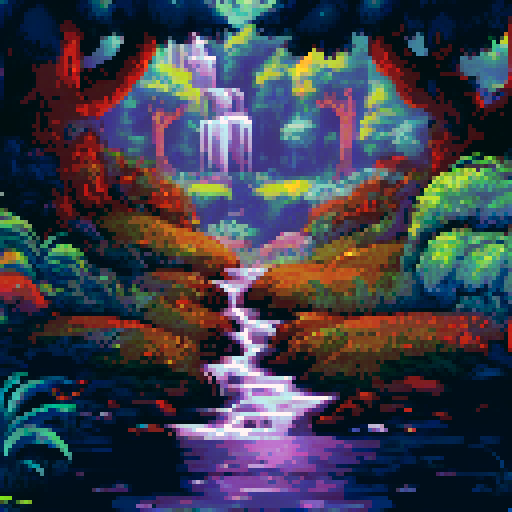 Towering trees, mossy rocks, and a babbling brook surround a cozy cabin filled with books and a crackling fire in the background