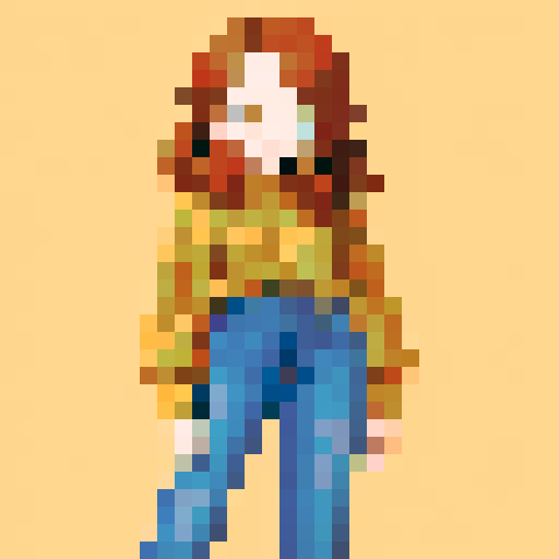 tousled chestnut hair, worn denim jeans, earth-toned sweater, pixelated style, sRGB