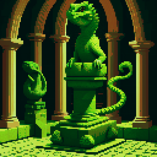 a live green basilisk surrounded by stone statues in a castle hall