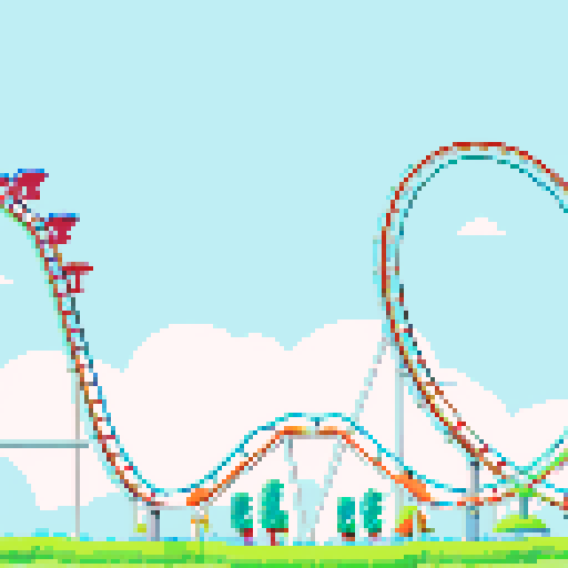 Amusement park, vibrant roller coasters, whimsical carousels, towering ferris wheels, sRGB colors, pixel art
