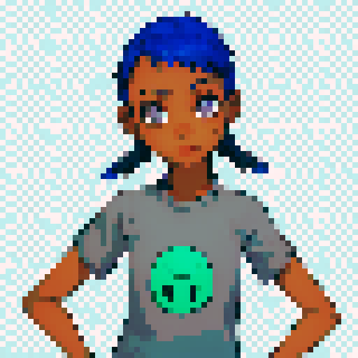 Young black girl with blue pigtails and gray eyes