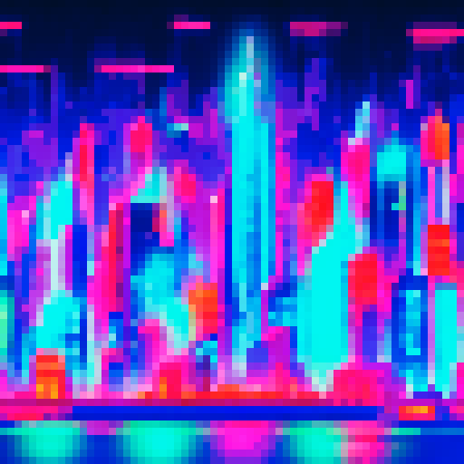 Glowing crystal skyscrapers towering over a neon-lit street, bustling with flying vehicles and holographic billboards in a pixelated cyberpunk cityscape