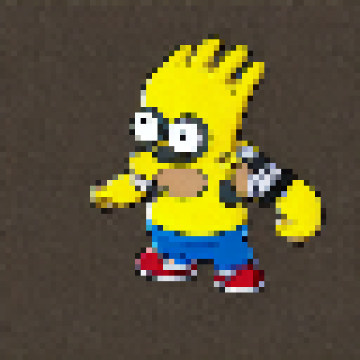 Homer Simpson, with his iconic yellow skin and round eyes featuring dot pupils, wears a white shirt, blue jeans, and gray shoes, with his 2 hairs atop his head forming a V shape, as he holds a donut with a bite in pixelated anime style.
