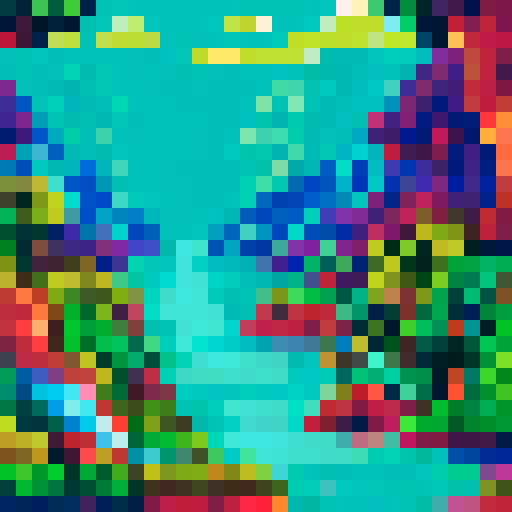 cute amazon river dolphin, vibrant colors, pixelated waves, lush green rainforest, sRGB, pixel art, tropical sunset, sparkling river, misty waterfall, mist-covered mountains, serene landscape