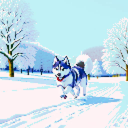 cute husky dog, running in a snowy field, winter wonderland, vibrant colors