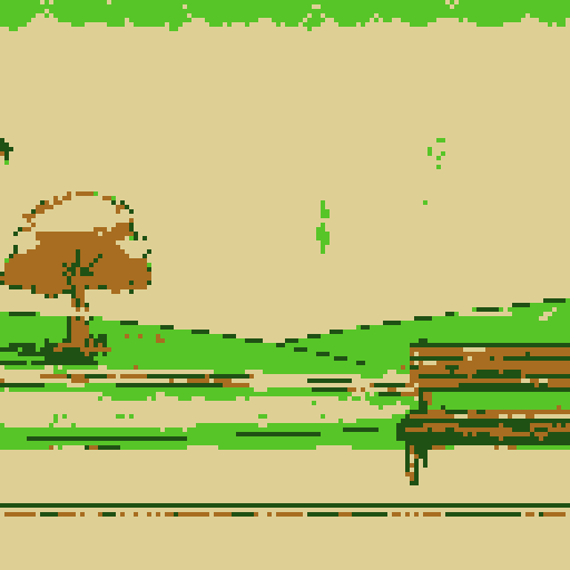 city park,  pathways, benches under tall trees, fences framing buildings in a landscape portrait , for side scroller game