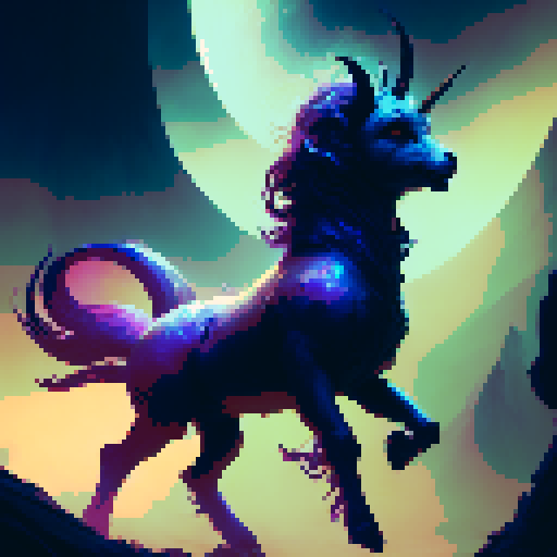 powerful goat-like-unicorn, spiral horn, silhouette in the moonlight, majestic stance, flowing mane, glowing eyes, ethereal glow, mystical forest, enchanting aura