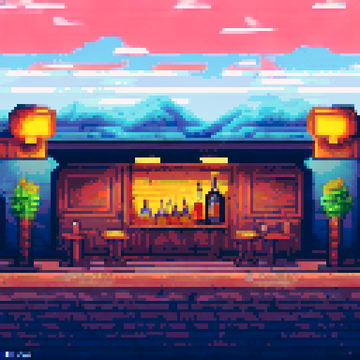 noir 24-bit pixel art game about a bar. Noir bar, there is a bartender, a wall with bottles, like game from 90's, style of cave story