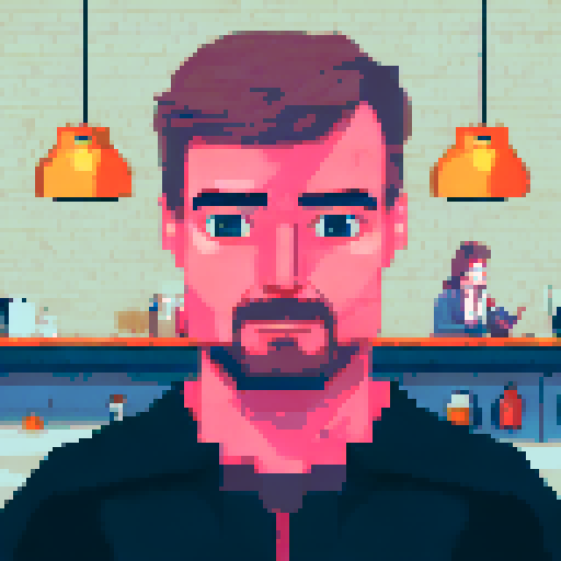 A male hitman dressed in unassuming fashionable clothing standing in a quiet coffee shop observing a day-dreaming female barista who is leaning over the counter and reading an erotic novel