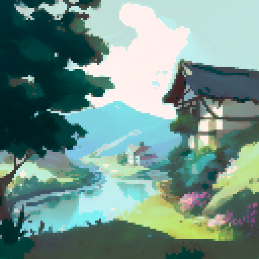 A scenery from the top of the mountain of a serene farm village and field during autumn