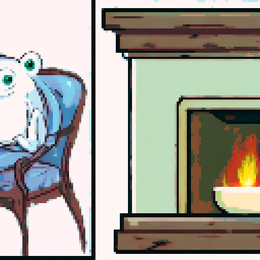 In the cozy ambiance of a dimly lit room, a small, jovial frog perches comfortably upon a plush couch chair, its diminutive size emphasized by the vastness of the furniture. The flickering flames of a nearby fireplace cast a warm glow, enveloping the space in a soft, golden light, creating an atmosphere of comfort and relaxation. With a mug clasped delicately between its tiny webbed fingers, the contented frog takes a sip of steaming coffee, its expression reflecting pure bliss.