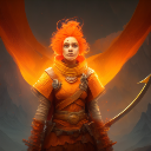 Orange-haired warrior portrait, wielding a glowing sword amidst a mystical forest, with dragons and magic runes in the background.
