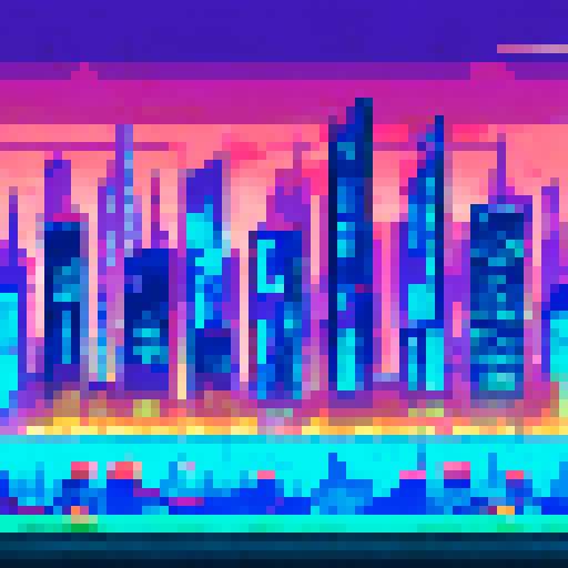 Pixelated city skyline at dusk, towering skyscrapers with neon lights reflecting off the calm waters of a futuristic harbor, a vigilant hero standing atop a dilapidated building, surrounded by the remnants of a once-thriving metropolis