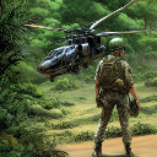 Explosions, helicopters, jungle foliage, and Rambo in a classic comic book style.