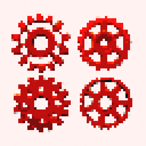 five small rusty copper gears, all different. Usable as assets (clear, thick lines and a solid color background)