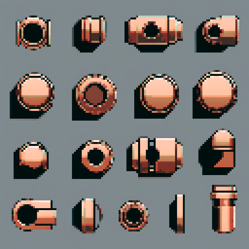 I want a horizontally wide circular copper attachment port. It should be viewed directly from the side. I want this object usable an asset in a videogame, meaning only one object per image, outlined with a strong black stroke, on a solid-color background. 