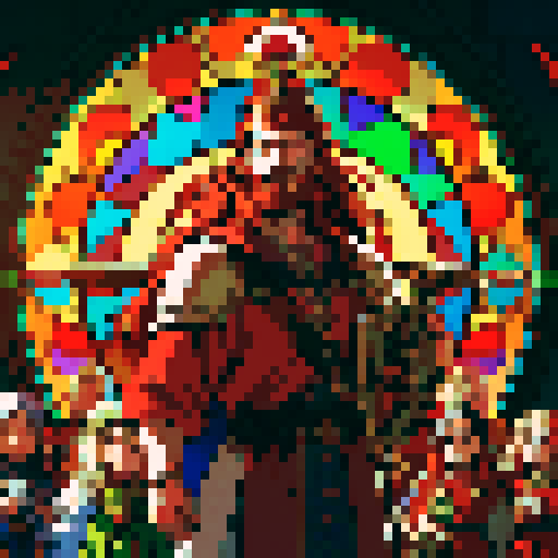 Balhmyr Sundrin, noble dwarf cleric with a flowing red beard, shining warhammer, stained glass window depicting gods, warm hues of the setting sun, pixel art style