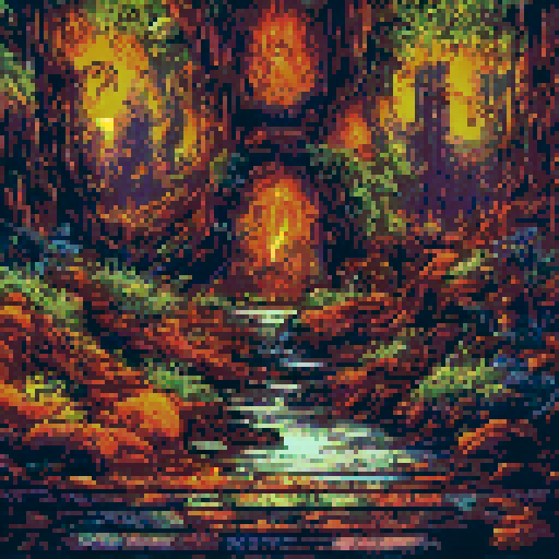 Magic book, glowing, ethereal, floating, open, revealing ancient spells, surrounded by swirling colors, nestled in a lush, enchanted forest, with towering trees and a cascading waterfall, all depicted in vibrant pixel art with a sRGB color palette