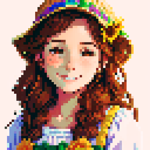 stardew valley-inspired, woman, pixel art, sRGB, vibrant colors, rustic backdrop, farm tools, sunflower field, braided hair, glowing skin, flower crown, gentle smile, freckles, rosy cheeks, straw hat, basket of fresh produce, dirt-stained hands