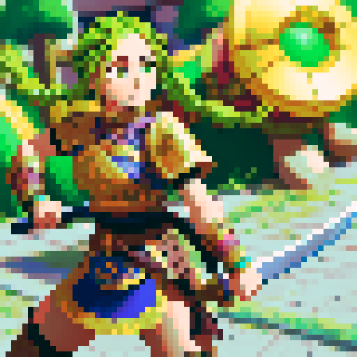 female warrior, vibrant green hair with braids, large sword, fantasy RPG character portrait