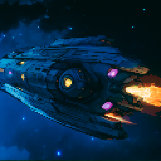 spaceship with sleek metallic exterior, glowing engine fires, starry backdrop, vibrant pixel art, sRGB colors
