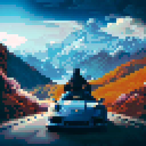 Ninja sitting in Porsche car, beautiful road, amazing view, mountains behind, snow, sRGB, pixel art, background, landscape